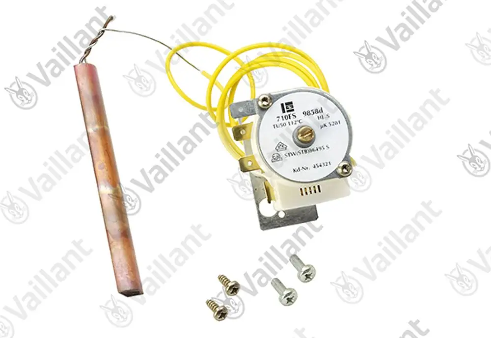 Vaillant Sicherheitstemperaturbegrenzer mit zwei Anschlusskabeln und Temperaturfühler in kupferner Ausführung, inklusive Montagezubehör.